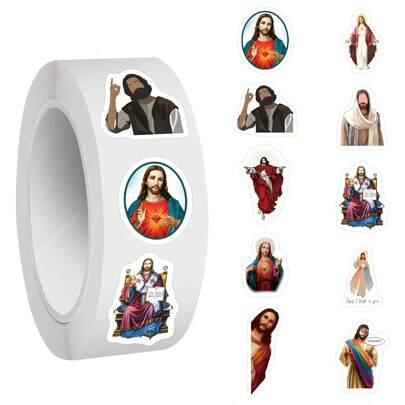 500张耶稣图案贴纸卷，可用于水瓶、剪贴簿、日记本、笔记本电脑等。也可用作派对礼物、生日装饰贴纸卷，还可用于墙面、信封、生日贺卡和节日贺卡。