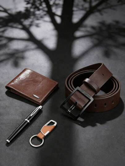 4pcs Men's Versatile Gift Set - Wallet, Belt, Keychain, Pen, Ideal Gift For Christmas, Valentine's Day, Birthday (Gift Box Not Included, For Display Purposes)
