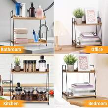 Huini 2-Tier Solid Wood Coffee Bar Organizer Shelf – Coffe Condiment Storage, Rustic Countertop Storage Rack With Black Metal Frame, Easy Assembly & Scratch-Resistant Feet – 38x19x37.5cm For Kitchen, Vanity, Office Or Balcony - View 3