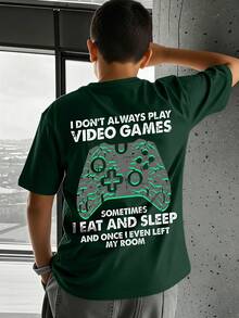1 pieza Camiseta de manga corta con cuello redondo y estampado de controlador de juego y eslogan, ropa nueva de verano y primavera para niños preadolescentes - Verde Oscuro - Ver 11