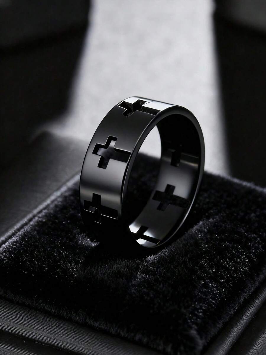 Anel masculino moderno e popular com recorte em cruz, feito em aço inoxidável, ideal para presentear e para um visual estiloso. - Multicolorido - Ver 1