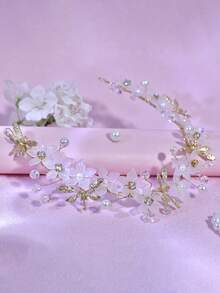 1件闪亮水晶珍珠花朵发箍，时尚蜻蜓造型合金光环头饰，适合新娘、婚礼、节日、派对、生日、日常穿着 - 金色 - 查看 3