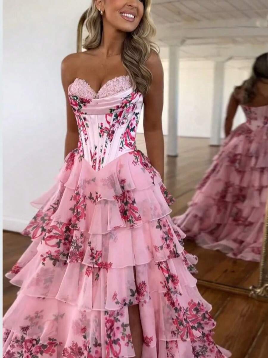 Vestido de noche de gasa de alta calidad con estampado de hadas, de hombros descubiertos, de estilo primaveral y veraniego, de larga duración y temperamento elegante - rosa - Ver 1