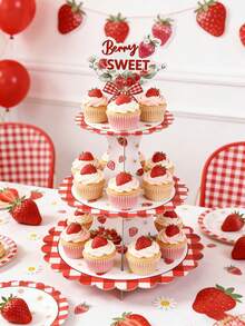 1 Set Strawberry Birthday Party Cake Stand, Includes Cute Strawberry Pattern Paper Cupcake Stand, Dessert Display Rack, Paper Cake Tray, Suitable For Cake Decoration, Strawberry Themed 1st Birthday Party Decor, 1st Birthday Party Supplies, Baby Shower Party Decor, Gender Reveal Party Decor, Strawberry Party Disposable Tableware, Strawberry Party Decorations - Strawberry - View 3