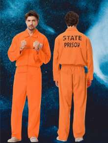 1 Set Halloween Cosplay Prisoner Costume, Inmate Outfit, Prison Uniform, Orange Convict Suit - Burnt Orange - View 2