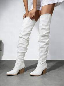 White Cowboy Boots Women Thigh High Boots Women With Low Block Chunky Heel V-Cut Pointed Toe Shoes Western Cowgirl Fashion Country Concert Summer Boots Combat Boots For Women - trắng - Xem 6