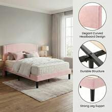 Allewie Modern Full/Queen/King Size Plush Teddy Fabric Bed Frame, Curved Upholstered Headboard, Easy Setup, Reinforced Durable Metal Frame, Under Bed Storage, No Box Spring Required, Pink - 粉色 - 查看 4
