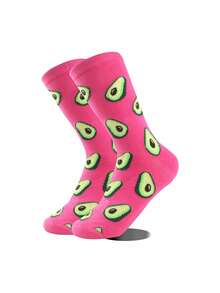 2 Pairs Funny Skiing Scene & Avocado Pattern Mid-Calf Socks, Unisex Couple Socks - Multicolor - View 5