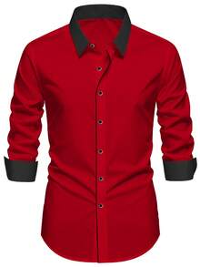2026 春季男士红色长袖衬衫，黑色撞色领口、袖口和门襟饰边商务正装衬衫 - 紅色 - 查看 4