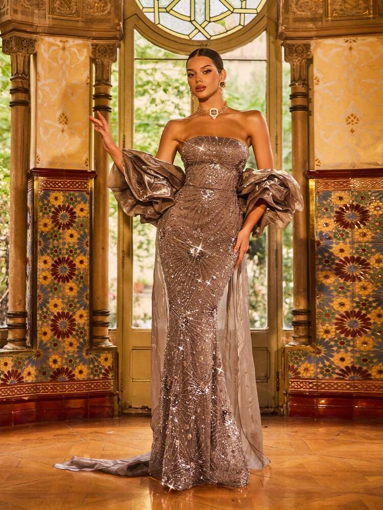 Faeriesty Women's Elegant Strapless Dress With Puff Sleeves, Adorned With Shimmering Sequins And Beaded Embellishments, Full-Length Cut Suitable For Formal Weddings, Red Carpet Events, Galas And Luxury Banquets Party Spring - Coffee Brown - View 5