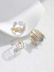 Set de 3 anillos abiertos de acero inoxidable con degradado de color, diseño de árbol de raíces y flor, adecuado para uso de mujeres o como regalo - Amarillo Oro - Ver 4