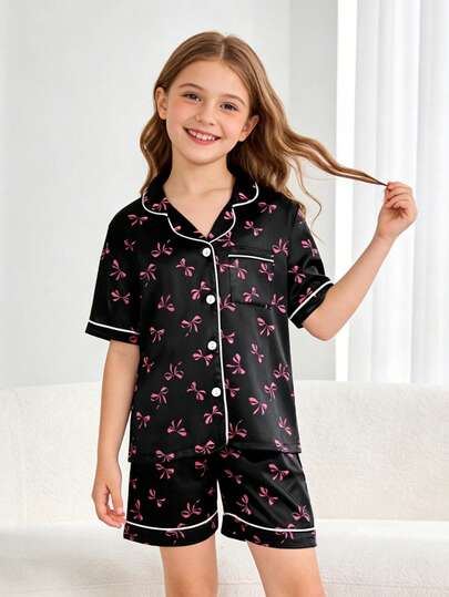 2pcs Tween Girl Black Bow Short Sleeve Shorts Pajama Set