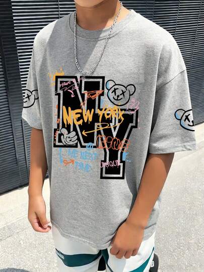 1件卡通熊和“NY”字母印花圆领短袖T恤，休闲春夏新款童装