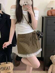 2026 Spring/Summer Khaki Polka Dot Lace A-Line Mini Skirt - Elegant Sweet Lace Trim Tie Waist Skirt, Suitable For 2026 Retro Polka Dot/Valentine's Day/Easter/Mother's Day/Evening Date/Coffee Gathering/Weekend Date - Brown - View 4