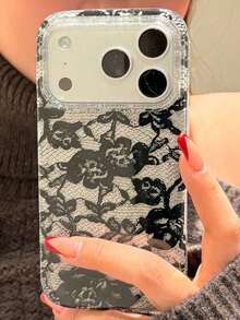 Elegant Romantic Lace Floral Print Glitter Transparent Soft Phone Case, Compatible With IPhone 17 Pro Max, 17 Pro, 17, 16 Pro Max, 16 Pro, 16, 15 Pro Max, 15 Pro, 15, 14 Pro Max, 14 Pro, 14, 13 Pro Max, 13 Pro, 13, 12 Pro Max, 12 Pro, 12, 11, Creative Fashion Transparent Soft Shell, Glossy Jelly Material, Shock-Proof Protective Cover - 黑色蕾絲 - 查看 2