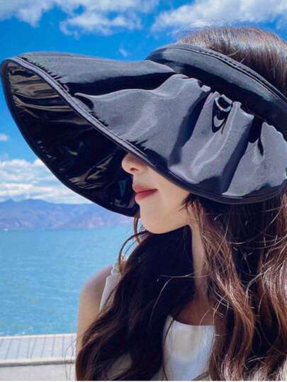 1顶贝壳帽，防紫外线，无檐遮阳帽，女士夏季沙滩遮阳帽，新款春夏度假旅行帽，防晒面部，大檐贝壳帽，骑行户外，可折叠黑色内衬，遮阳帽，黑色内衬渔夫帽，沙滩帽