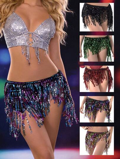 1pc Women's Wavy Belly Dance Outfit Hip Scarf Chain With Sequins Fringe Adjustable Chiffon Dance Costume Asymmetric Movement Skirt In Saree Sari Style For Rave Carnival Suitable For Festivals, Parties, Nightclubs, Beach Wear, Exotic Clothing Decoration, Bohemian, Retro Style