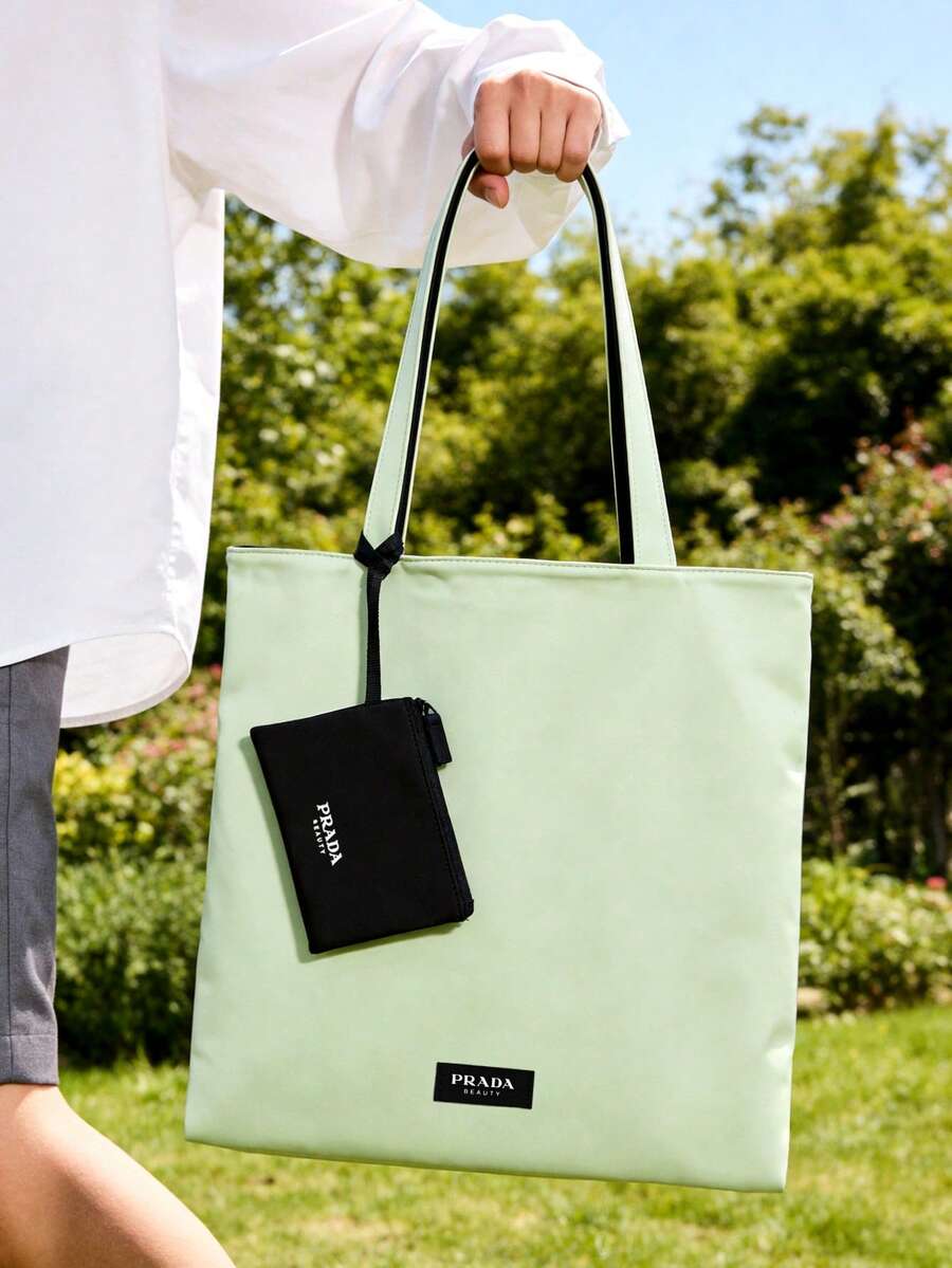 Prada Materiel Green Tote Bag With Detachable Black Pouch, Makeup Bag, Coated Canvas Cosmetic Organizer Set , Travel Makeup Bag Duo - Black and Green - View 1