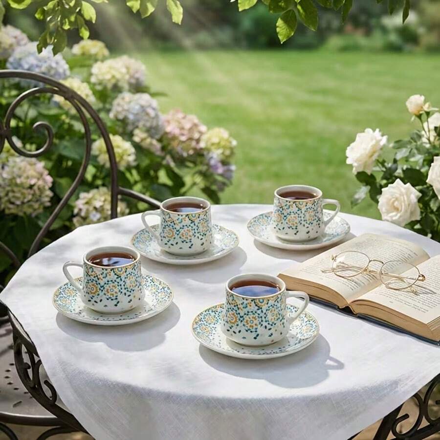 4 Packs Coffee Cup & Saucer Set, Set Of 4, 8-Piece Bone China Espresso/Turkish Coffee Cup & Saucer Set 90 Ml – Elegant White Bone China Set For 4, Nakkas Turkish Coffee Cup Set Of 4, (8 Piece) White Cups With Saucers - 3 Fl Oz Small Ceramic Espresso Set - Ideal For Serving Greek, Arabic Coffee, Serving Espresso, Turkish Coffee, Or Ristretto To Guests, Ramadan Mubarak, Bismillah, Eid Mubarak Ramadan Kareem - Multicolor - View 1