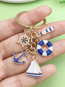 1pc Blue Sailboat Lighthouse Life Buoy Keychain, Nautical Worker Commemorative Key Chain Pendant Gifts For Mother, Father, Graduation, And Teacher - Blue - View 1