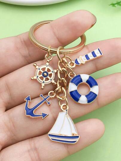 1 pieza Llavero conmemorativo de trabajador náutico con boya de vida, faro y barco de vela azul