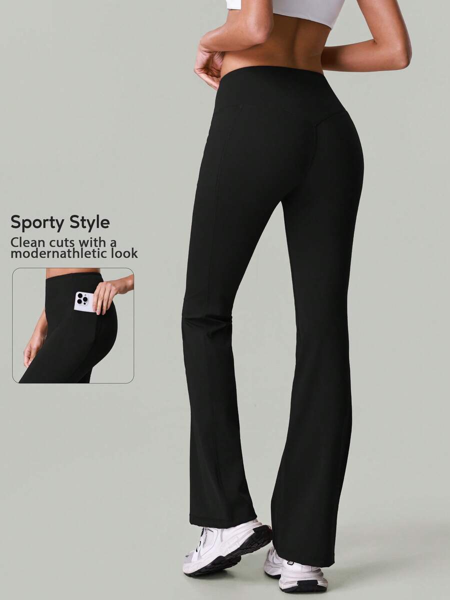 女士高腰时尚休闲喇叭紧身裤，带侧袋，适合舞蹈、瑜伽、健身和跑步 - 黑色 - 查看 1