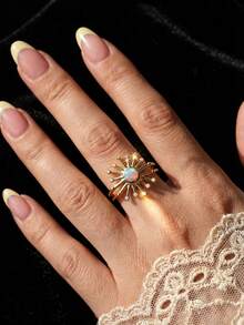 2枚创意蛋白石闪亮太阳叠戴戒指，925纯银首饰，优雅珠宝礼物，适合女性、女孩生日派对 - 太陽 - 查看 2