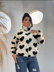 Women's Faux Fur Coat With High Collar And Zipper, Heart And Star Design, Fashion , Winter - Trái Tim Trắng Đen - Xem 3