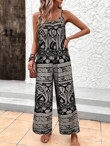 女士露肩露背系带长款印花连体裤 - 无袖连体裤，适合度假、日常穿着、休闲夏季装扮 - 灰色 - 查看 3