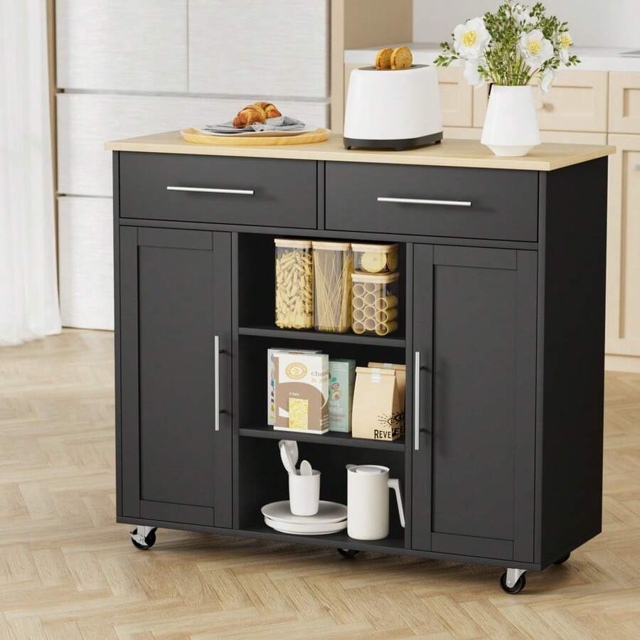 Artiss Kitchen Island Trolley Rolling Serving Cart Storage Drawer Cabinet 100cm Black - Black - View 1
