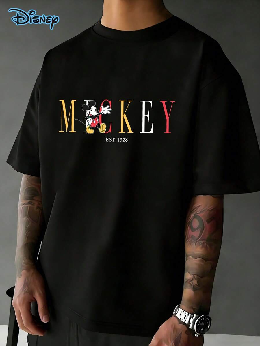 Disney Men's Mickey Mouse T-Shirt Retro Mickey Mouse EST.1928 Disneyland, 2026 Disney Shirt, Unisex T-Shirt, 220g Pure Cotton Disney Print Round Neck Short Sleeved T-Shirt, Y2k Clothes, Simple Cartoon Mickey Mouse, Suitable For Streetwear And Outdoor Sports And Leisure, Daily Wear, Men's Gifts - Black - View 1