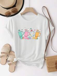 Camiseta Deportiva Casual Para Mujer Con Estampado De Conejo Lindo Y Huevo De Pascua | Cuello Redondo, Manga Corta, Ajuste Cómodo, Tejido Elástico Medio, Para Todas Las Estaciones - [Blanco] - Ver 1