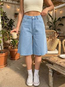 Summer Casual Belted Distressed Wide Leg Denim Shorts - Blue - View 4