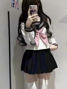 1 قطعة بدلة بحرية ذات 3 قطع بأكمام طويلة بطراز مدرسي ياباني كاواييي لفصلي الربيع والخريف، باللون الأزرق الكحلي والوردي، مناسبة للعب الأدوار المدرسية والتخرج والكوسبلاي والمناسبات الرومانسية كعشاء عيد الحب وتناول الشاي بعد الظهر - متعدد الألوان - مشاهدة 6