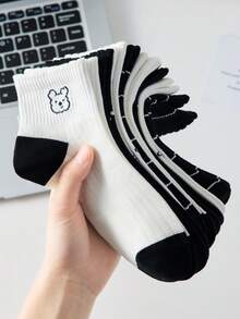 5双装女士可爱甜美蝴蝶结、条纹、波点、小狗图案短袜，白色、黑色，ins风，舒适休闲中筒袜，学生款，颜色随机，适合日常穿着，四季皆宜 - 彩色 - 查看 3