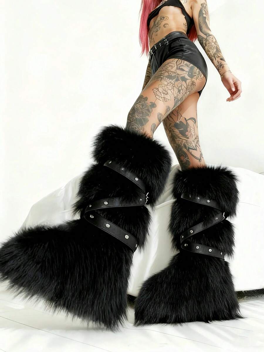2025 New Women's Fashion Snow Knee High Boots Lace Up Round Toe Fluffy Fur Boots Punk Party Christmas Halloween Winter Comfortable Warm Outdoor Boots EdgyElongate - 黑色 - 查看 1
