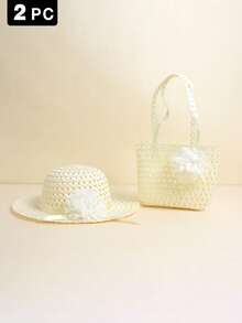 Set de 2 piezas de sombrero de paja con flores y bolso bandolera para niñas, conjunto ligero y transpirable de protección solar, adecuado para uso casual diario, exterior, playa, fiesta, regalo ideal para niños en el Día del Rey - 2 piezas - Ver 18