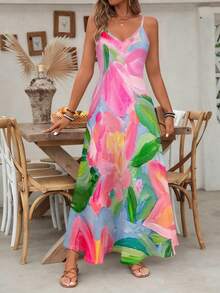 A Piece Of Artistic Impression Knitted Fabric With Soft Skin-Friendly Texture, Women's V-Neck Spaghetti Strap Maxi Dress, Suitable For Summer Gifting And Personal Use, Colorful Ink Floral Print V-Neck Spaghetti Strap Maxi Dress - 彩色 - 查看 3
