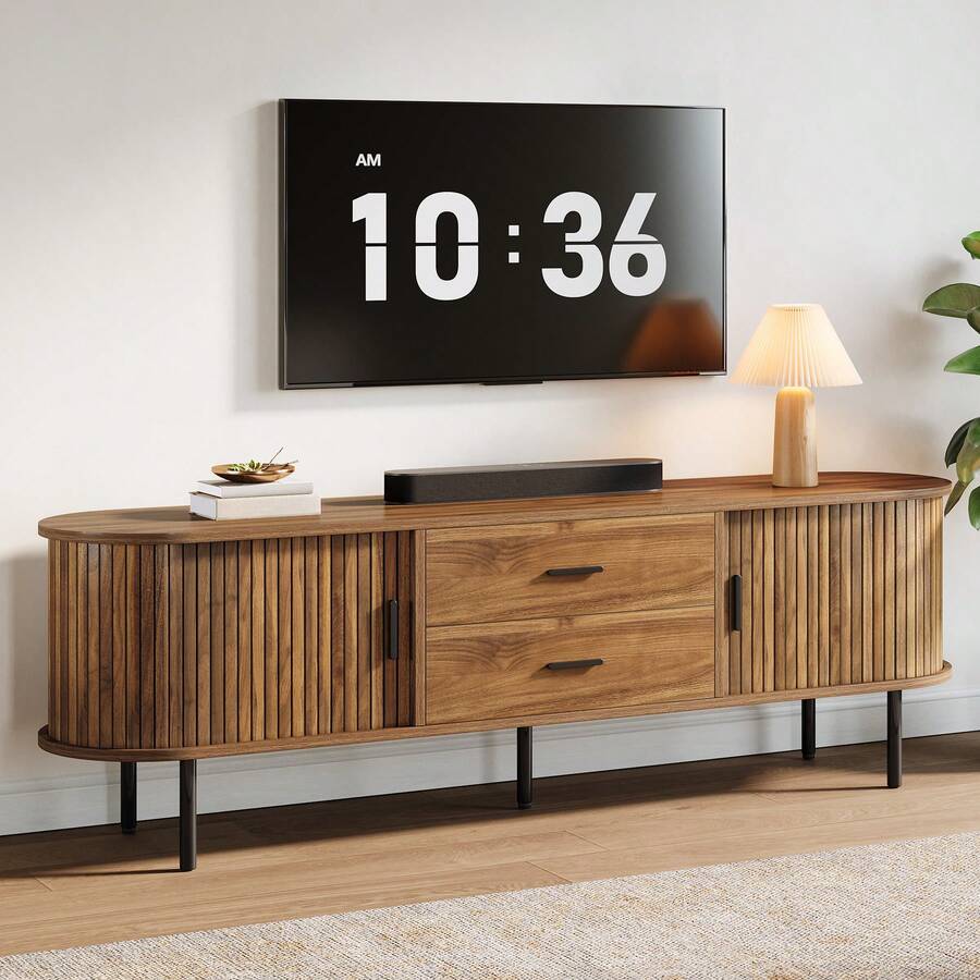 LITTLE TREE 70" Mid-Century Modern TV Stand,Entertainment Center With Sliding Tambour Door, Drawers And Adjustable Shelves, Long Fluted Media Console Television Stand Cabinet, Walnut - Quả óc chó - Xem 1