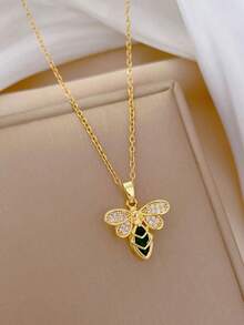 1件绿色蜜蜂吊坠项链，奢华立方氧化锆项链，百搭钛钢链项链，女士款 - 均碼 - 查看 5