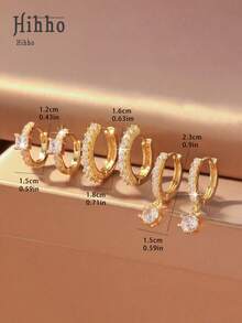 Hihho 6pcs/Set Zirconia Stud Earrings Set, Stud Structure + Full Zirconia Pave + Multi-Style Combination Balancing Simplicity And Decoration. Heart Zirconia + Water Drop Pendant + Plain Hoop Full Zirconia, Strong Luster, Suitable For Daily, Commuting, Light Social Occasions And More - Gold - View 6