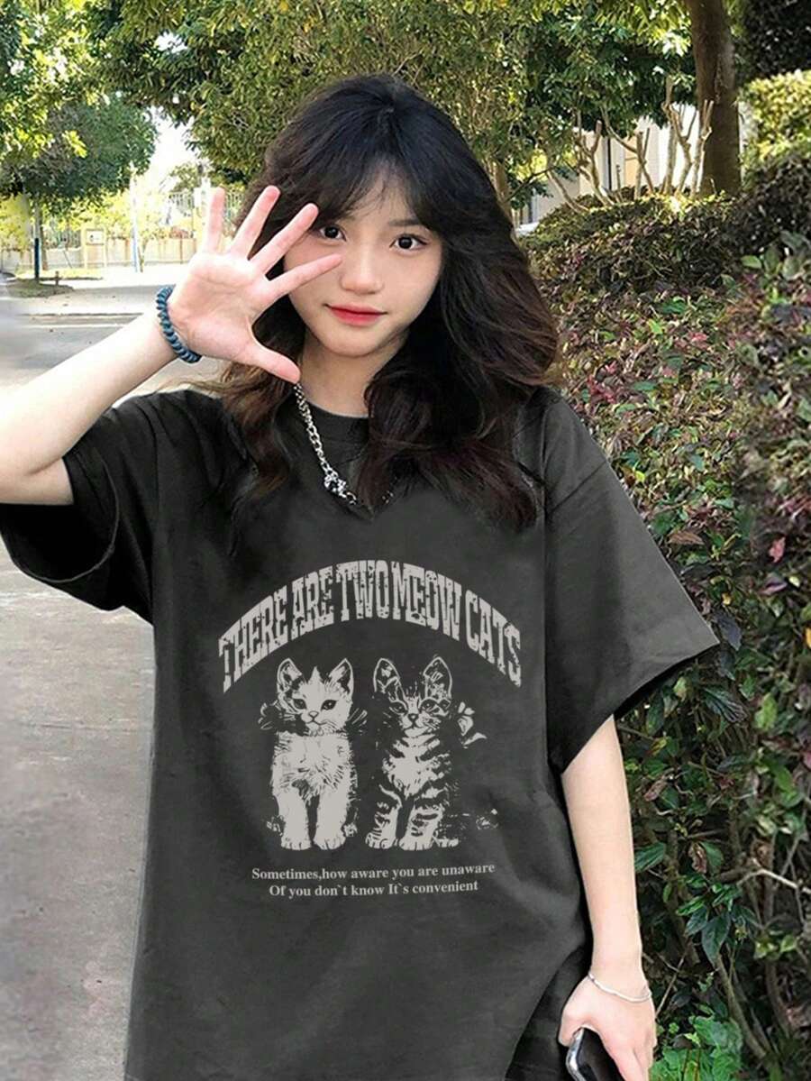 女士休闲纯棉圆领宽松T恤，印有可爱猫咪和字母图案，适合春夏穿着 - 深灰色 - 查看 1