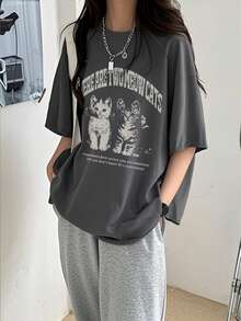 女士休闲纯棉圆领宽松T恤，印有可爱猫咪和字母图案，适合春夏穿着 - 深灰色 - 查看 2