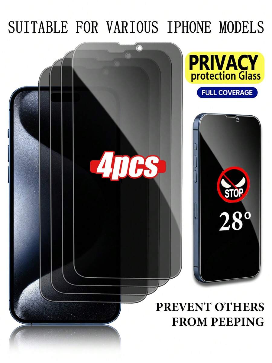 4片装防窥钢化玻璃屏幕保护膜，兼容 X/XR/11/12/13/14/15/16/17/17 Plus/17 Pro/17 Pro Max，9H硬度，护眼，高精度贴合，防水，全覆盖防窥玻璃 - 黑色 - 查看 1