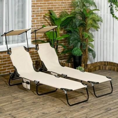 Set Of 2 Folding Sun Loungers, Garden Loungers With Sunshade, 5-Position Height-Adjustable Backrest, Brown
