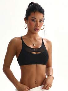 Women's Solid Color Removable Padded Mesh Patchwork Sports Knit Bra - Black - View 4