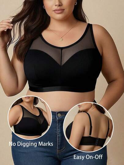Áo ngực không gọng, mỏng, thoải mái, màu đen phối lưới gợi cảm dành cho nữ cỡ lớn.