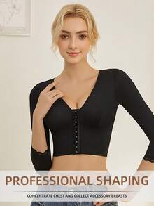 Top moldeador de brazos SlimSculpt con mangas 3/4 | Cierre frontal, control de abdomen y soporte postural para mujer - Negro - Ver 4