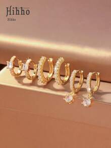 Hihho 6pcs/Set Zirconia Stud Earrings Set, Stud Structure + Full Zirconia Pave + Multi-Style Combination Balancing Simplicity And Decoration. Heart Zirconia + Water Drop Pendant + Plain Hoop Full Zirconia, Strong Luster, Suitable For Daily, Commuting, Light Social Occasions And More - Gold - View 13