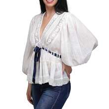 Women's Deep V-Neck Blouse Lace Patchwork 3/4 Sleeve Cinched Waist Bow Tie Front Slim Peplum Tops Streetwear - trắng - Xem 6